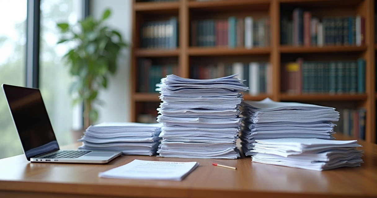 Documentos digitalizados organizados em pilhas na mesa 