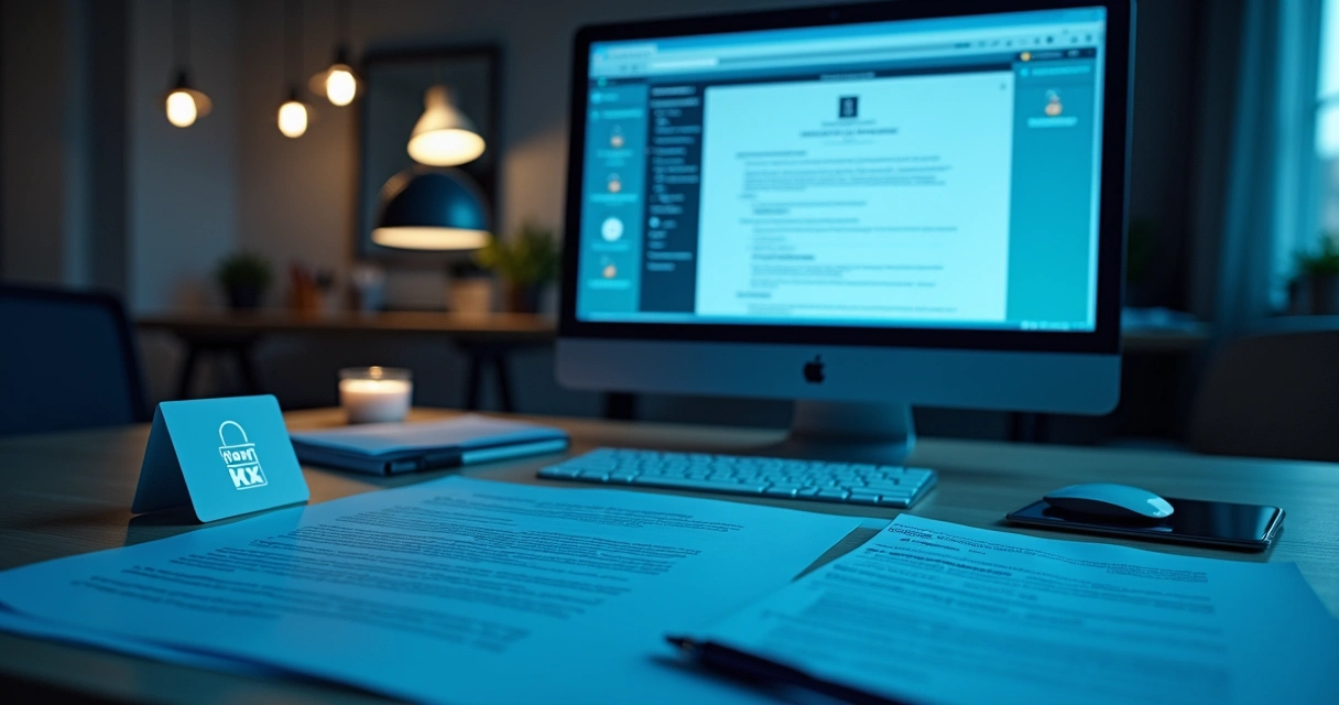 Mesa de trabalho com laudo pericial digital, computador e certificado digital