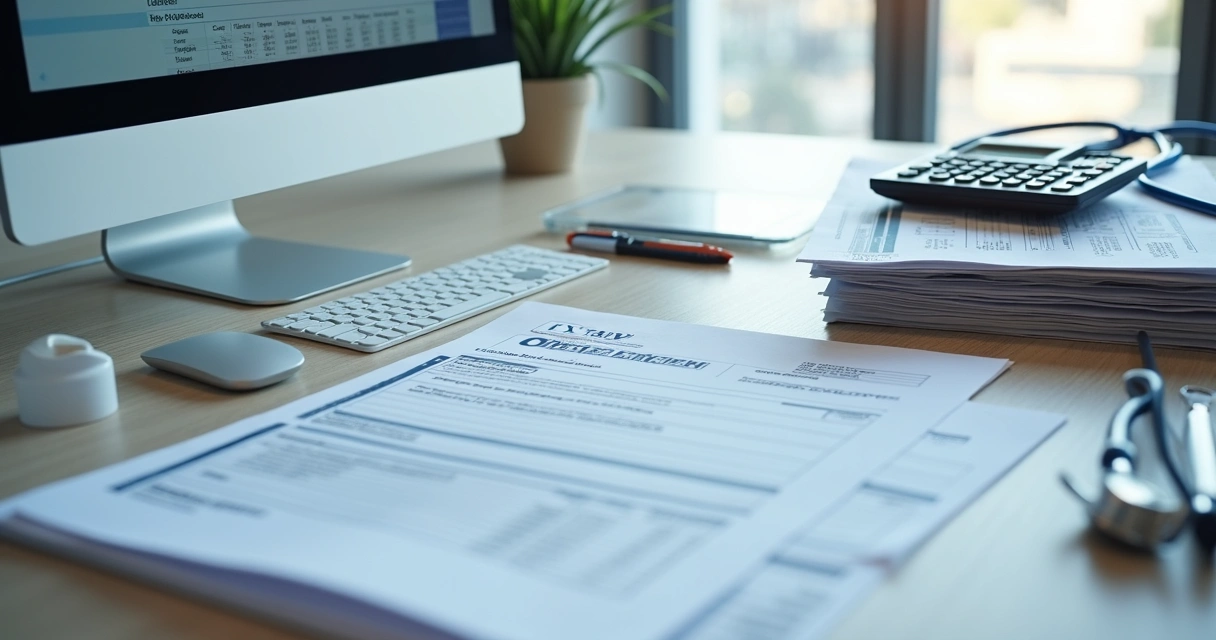 Mesa com documentos de consultório médico organizados e computador ligado na tela de declaração de impostos
