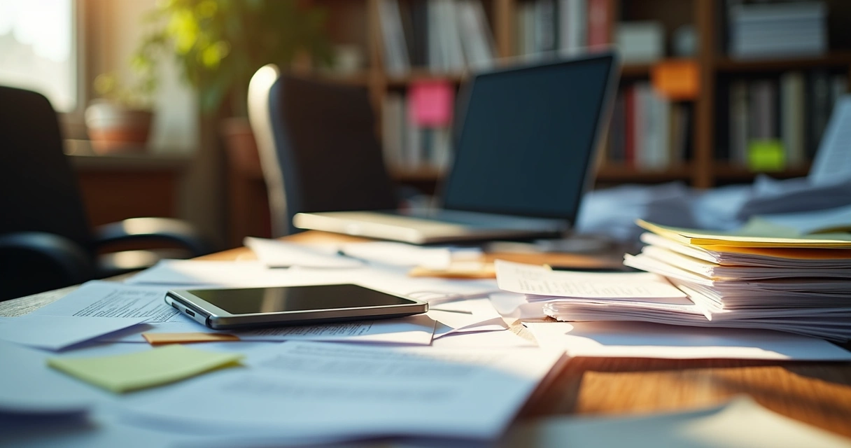 Papelada e documentos espalhados sobre uma mesa de escritório 