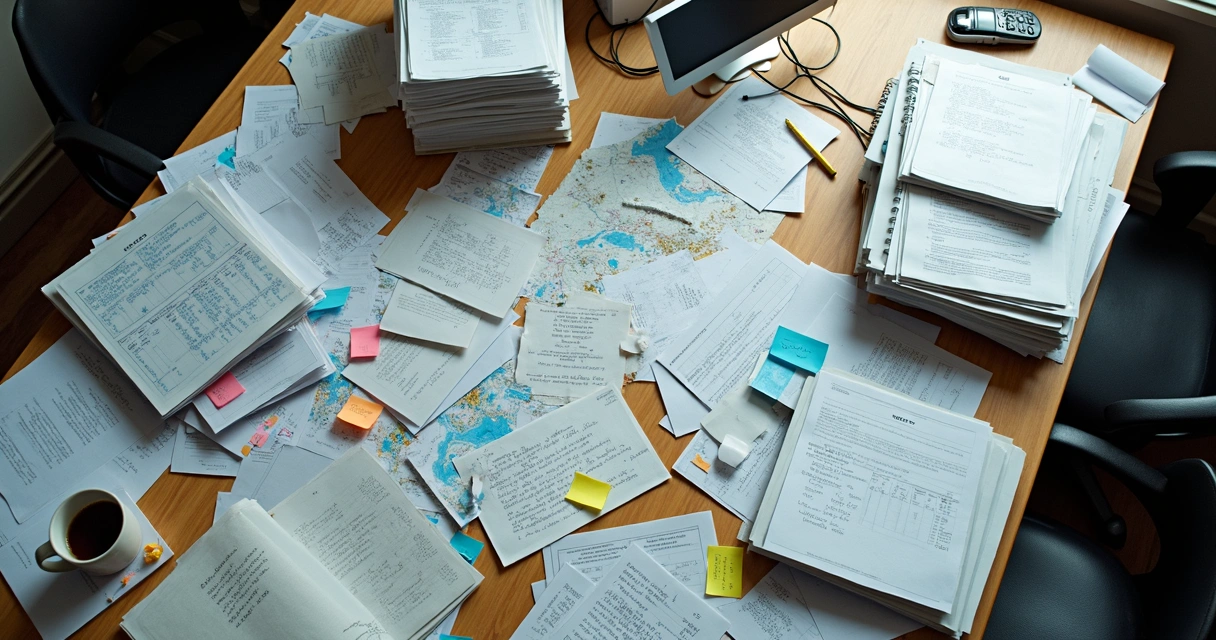 Mesa com vários documentos, planilhas e papéis espalhados 