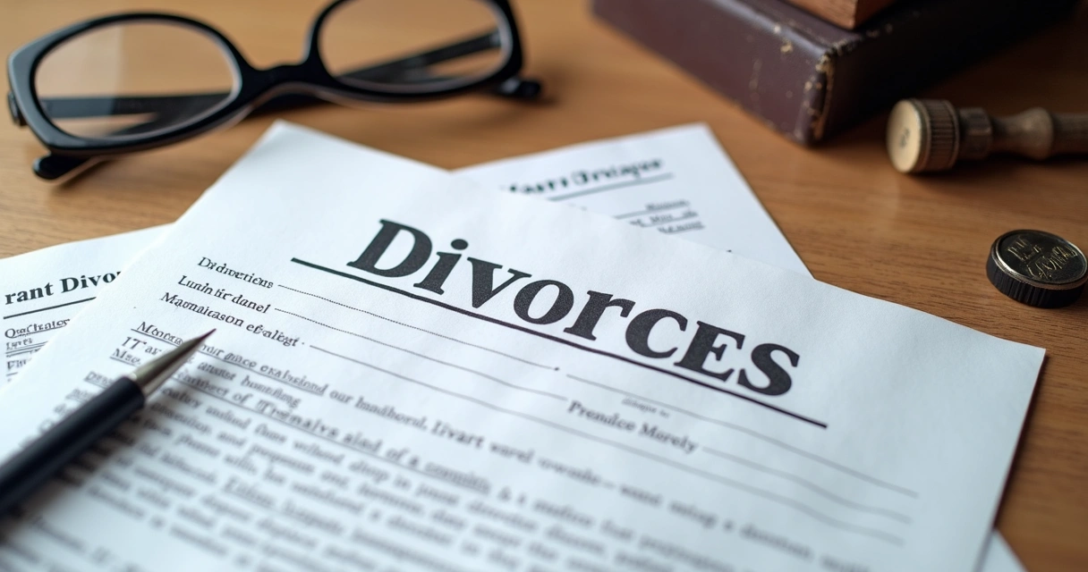 Documentos e carimbo de divórcio sobre uma mesa de madeira