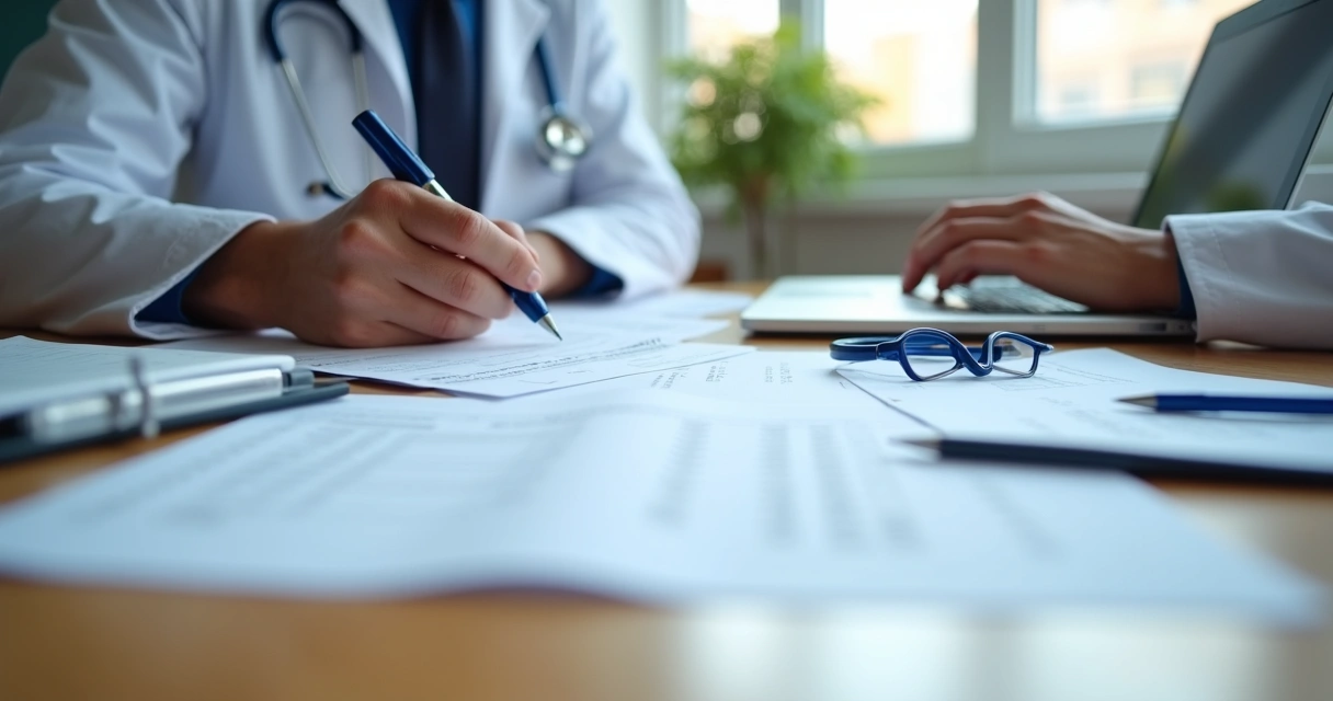 Médico preenchendo documentos fiscais em consultório, pilha de formulários sobre mesa 