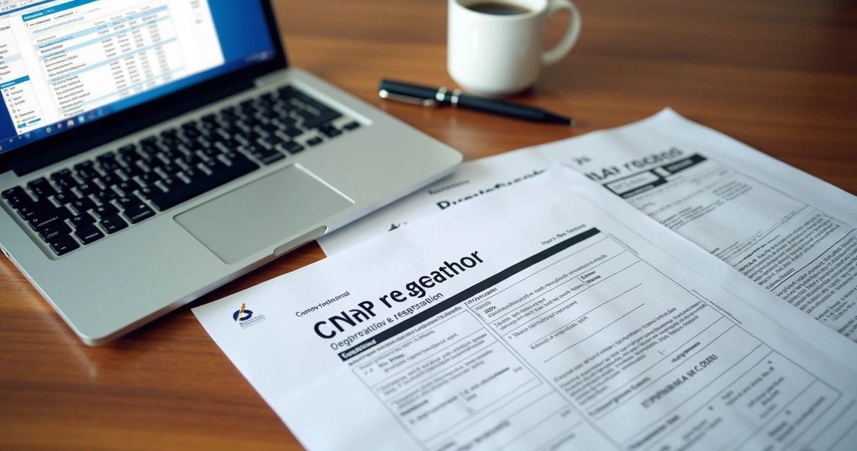 Mesa de madeira com documentos de empresa, CNPJ em destaque e notebook aberto