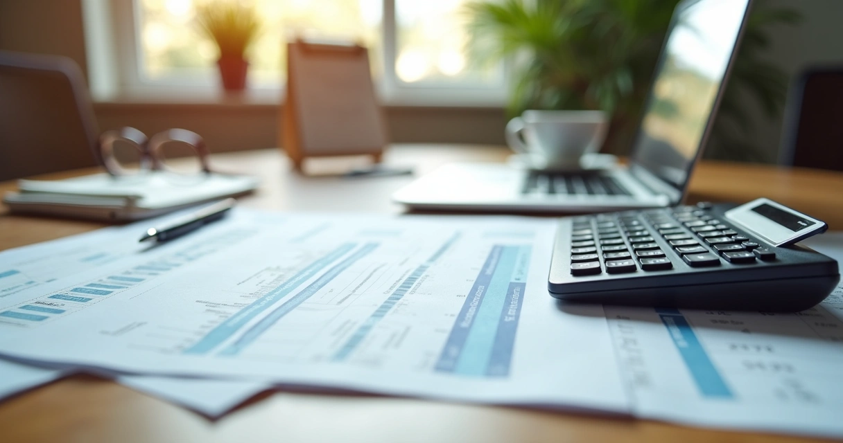 Documentos e calculadora sobre mesa de escritório para planejamento financeiro 