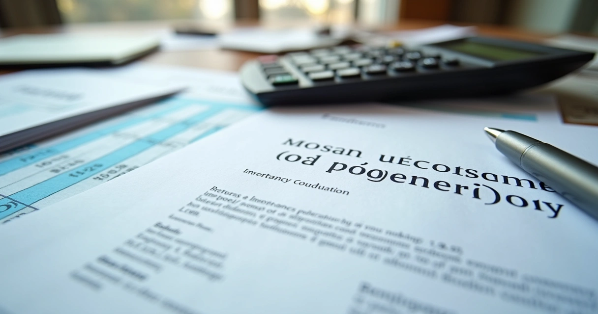 Pilha de documentos fiscais, calculadora e contrato de sucessão sobre a mesa 