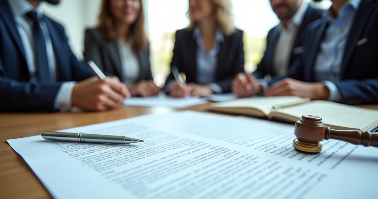 Documentos legais e grupo reunido à mesa com carimbo e caneta