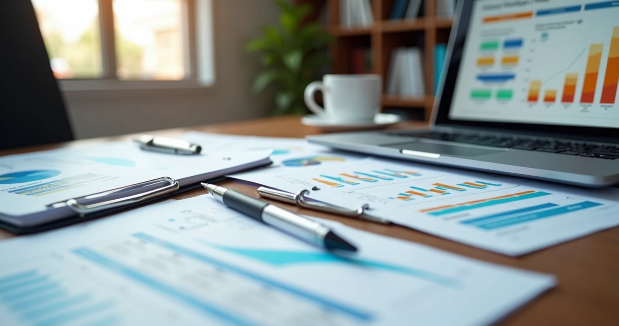 Mesa de escritório com documentos de habilitação para licitação, notebook aberto com gráficos na tela e uma caneta sobre papel. 