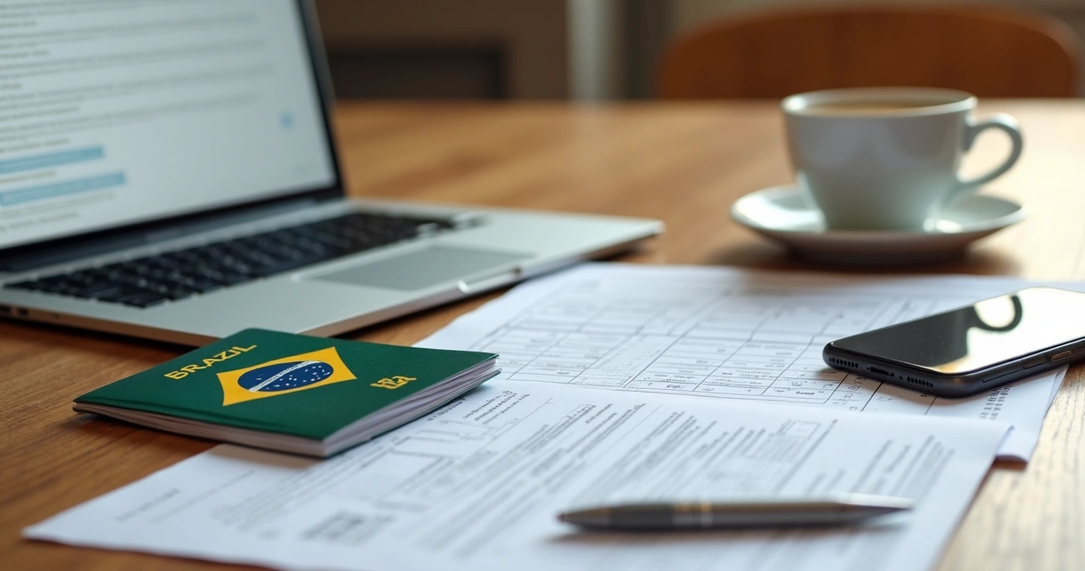 Documentos de viagem e passaporte sobre uma mesa de estudo 