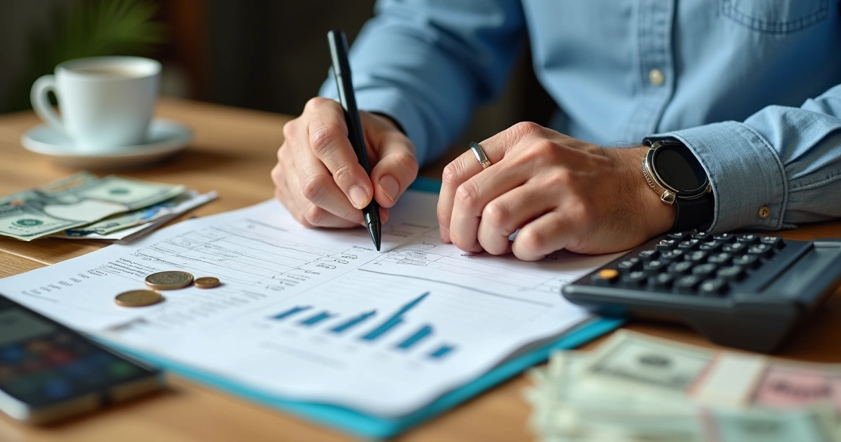 Pai organizando documentos financeiros e calculadora 