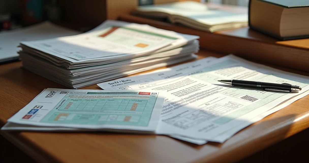 Documentos eleitorais organizados em mesa para registro de candidatura 