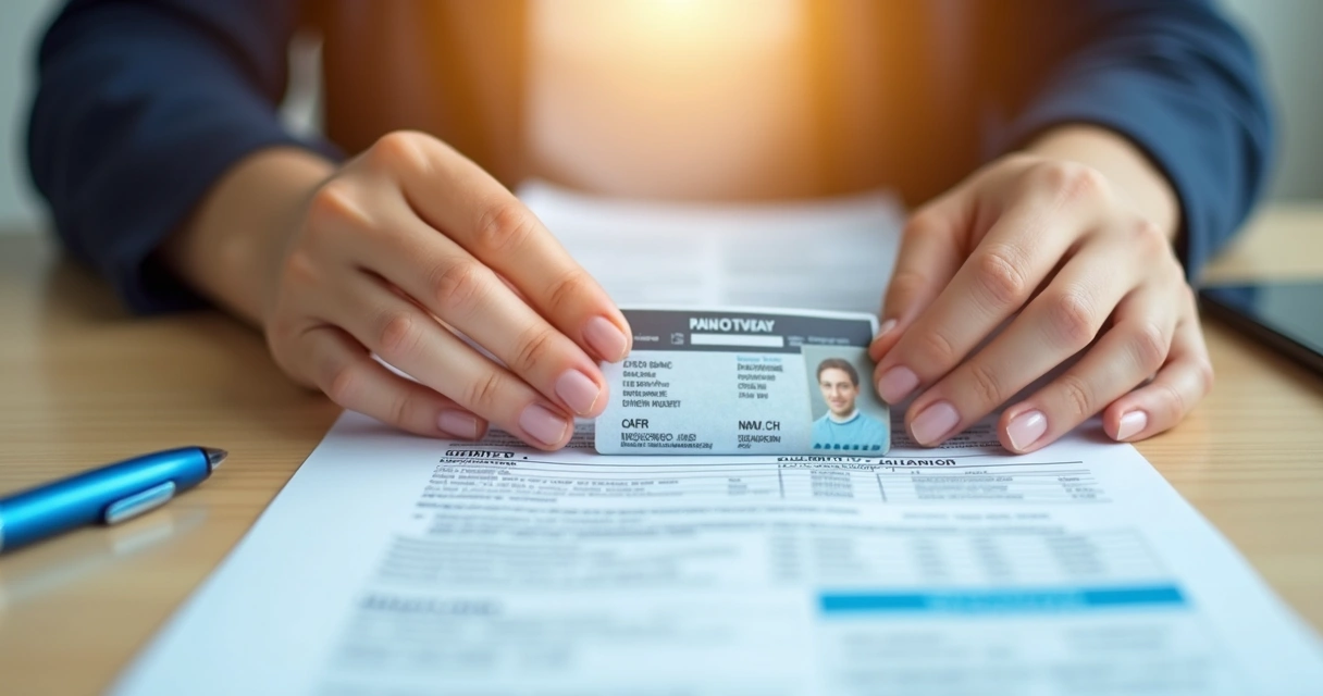 Pessoa segurando documentos de residência e carteira de habilitação sobre mesa de madeira clara, caneta ao lado 