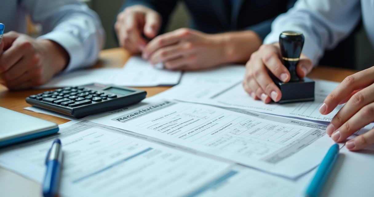 Documentos e papéis sobre uma mesa, com carimbo e assinatura 