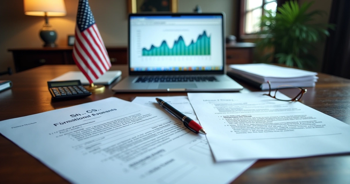 Documentos societários e relatórios financeiros sobre mesa de escritório