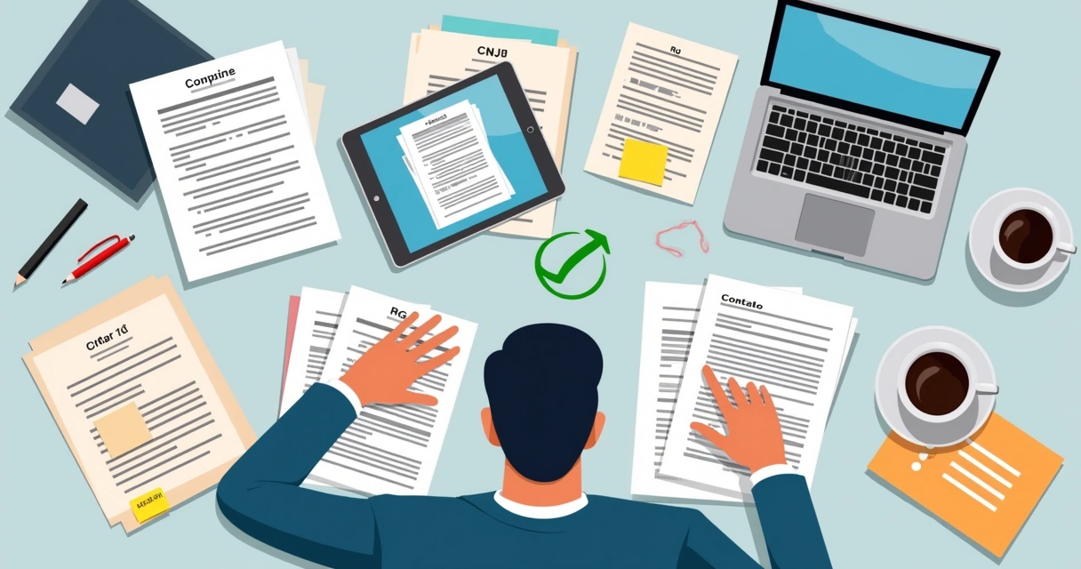 Documentos empresariais organizados em papel e digital 