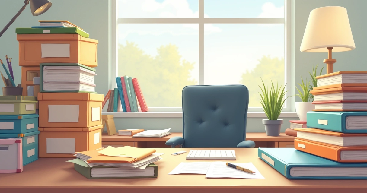 Caixa e arquivos organizados em escritório 