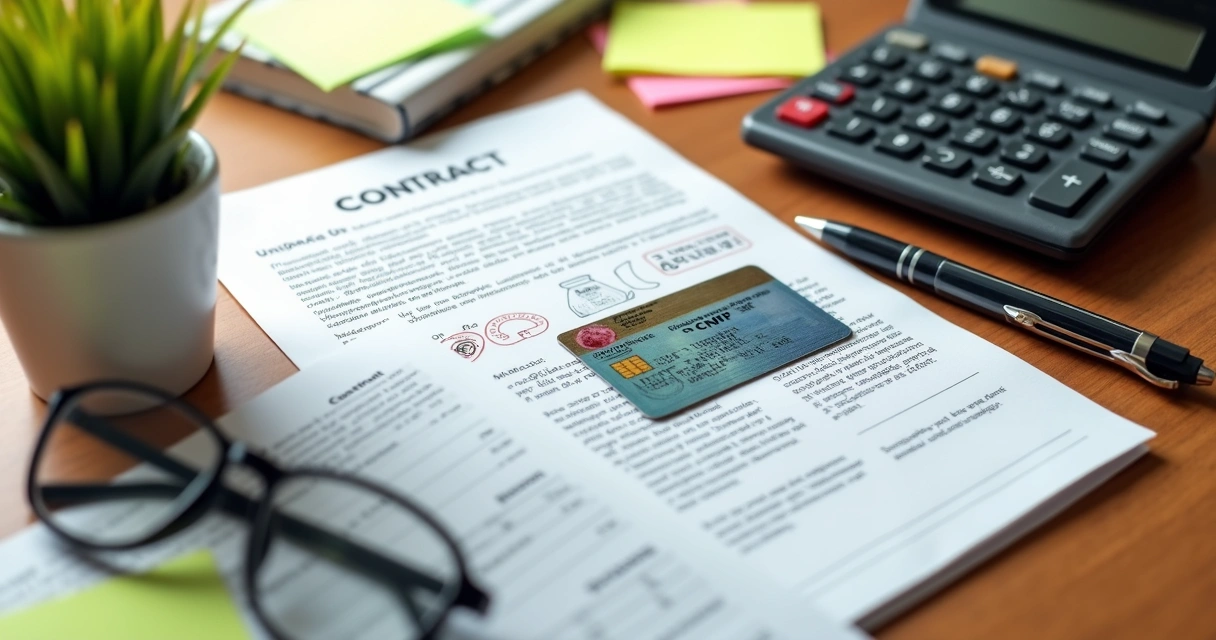 Mesa com diferentes documentos empresariais incluindo cartão CNPJ e contrato social 