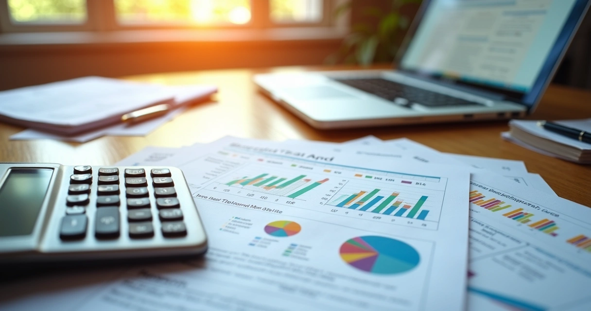 Documentos organizados sobre uma mesa, ao lado de calculadora e laptop