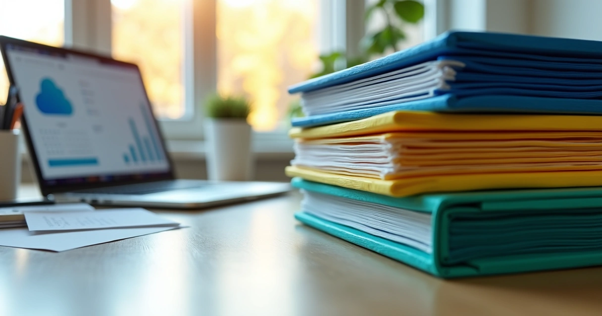 Pilha de documentos empresariais organizados em pastas e arquivos digitais 