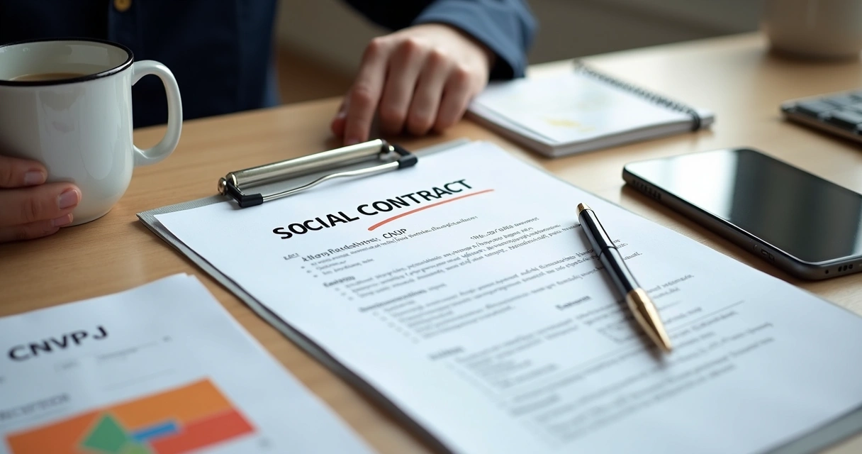 Documentos de empresa, contrato social, e caneta sobre mesa 