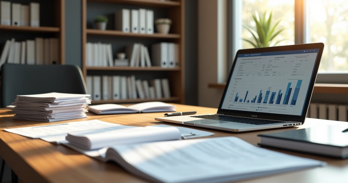 Pilha organizada de documentos contábeis e fiscais sobre uma mesa de escritório