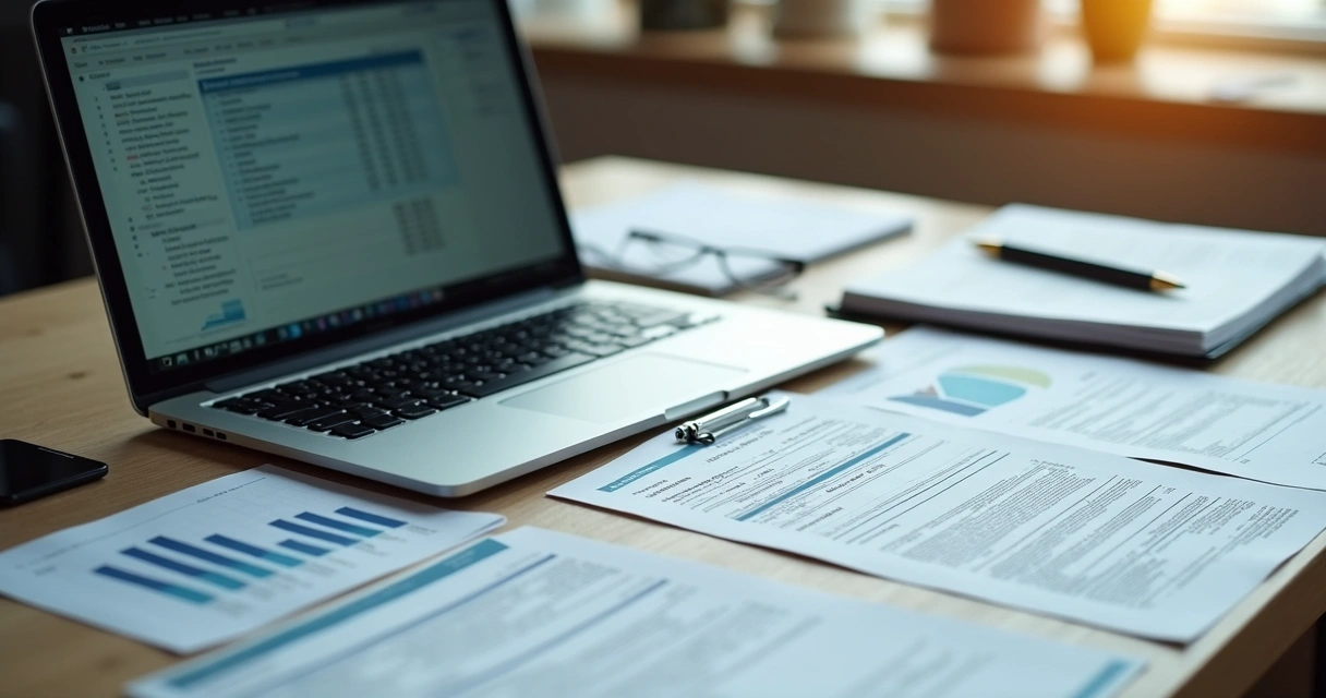 Como fechar empresa nos EUA sem multas: passo a passo 1 Mesa com documentos fiscais e contábeis, laptop aberto mostrando formulários e uma caneta ao lado