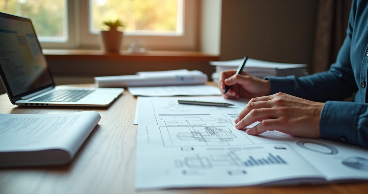 Mesa com pilhas de documentos, plantas e laptop em uso 