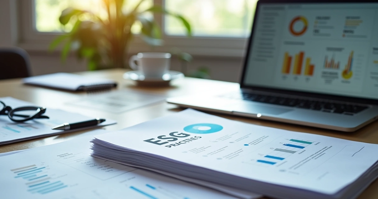 Documentos organizados sobre práticas ESG em mesa de escritório 