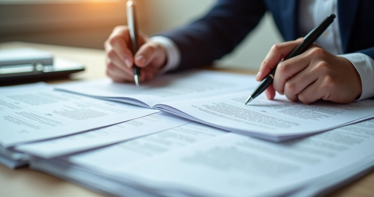 Pilhas de documentos organizados em uma mesa, com mãos segurando caneta e folhas. 
