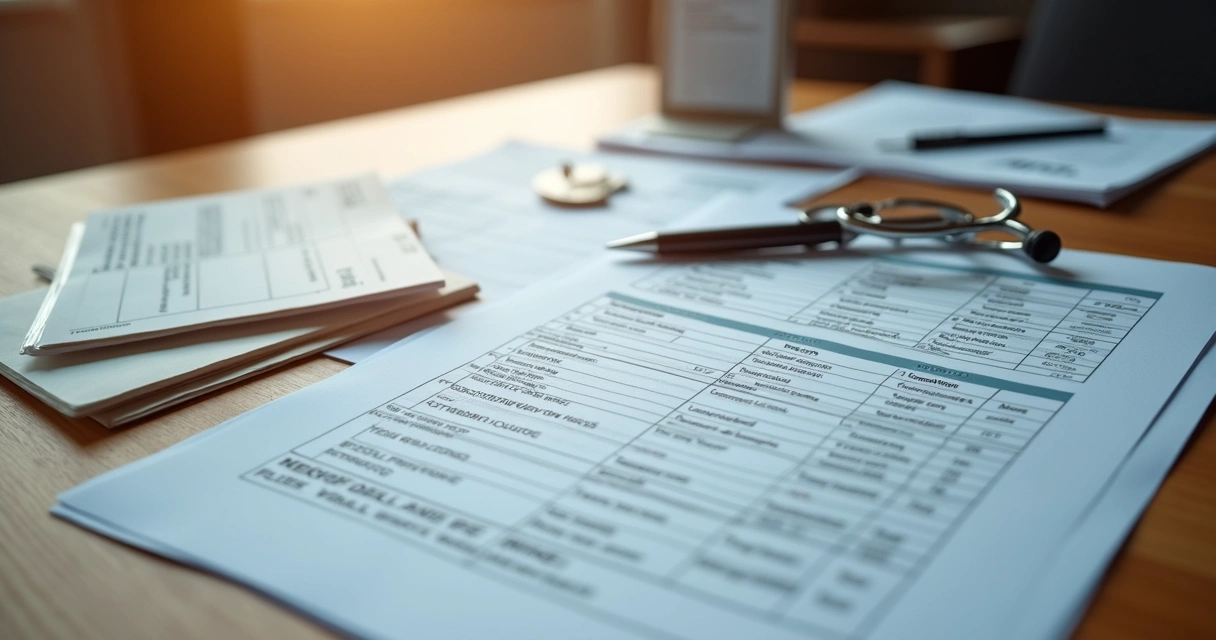 Documentos e formulários de exames ocupacionais organizados em mesa de escritório