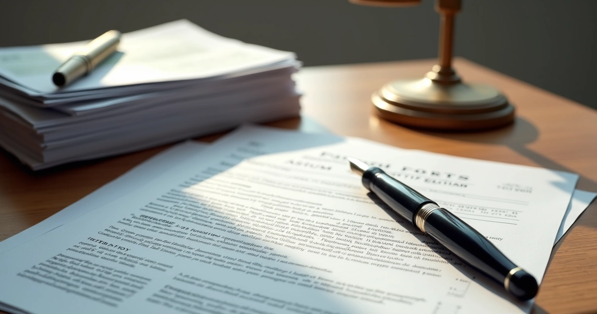 Pilhas de contratos, cheques e notas promissórias organizados em uma mesa de madeira 