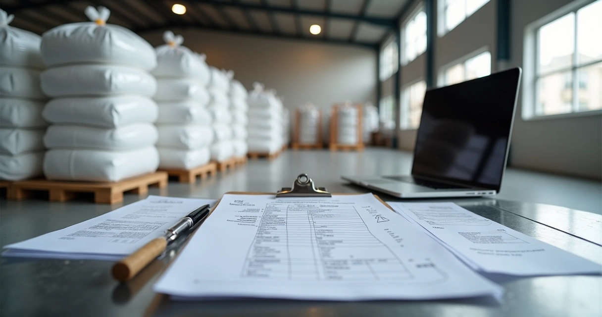 Pasta com documentos ao lado de big bags em armazém 