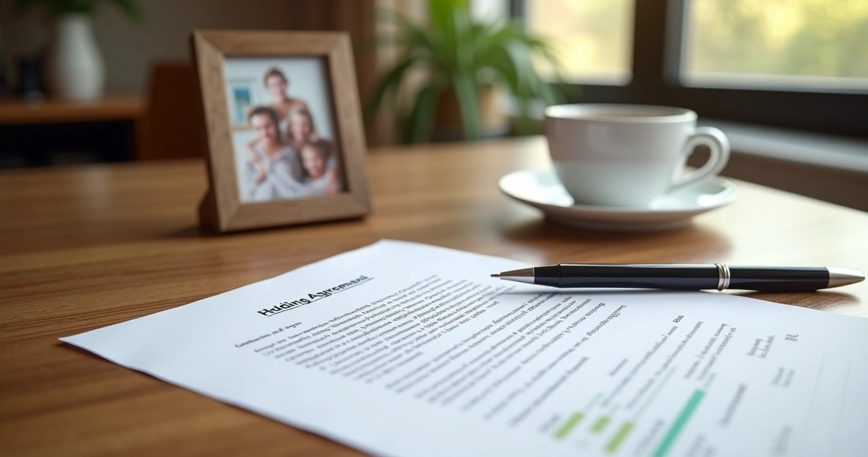 Contrato de holding e caneta sobre mesa de madeira ao lado de xícara de café 
