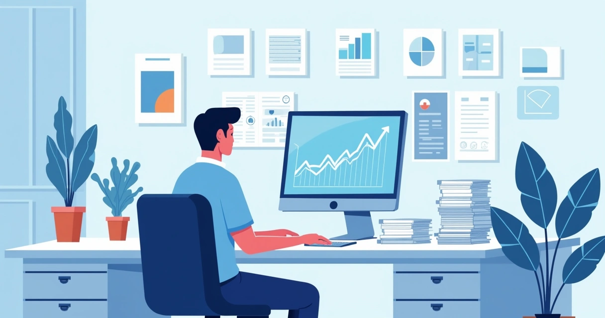 Auditoria clínica prospectiva e retrospectiva: diferenças e aplicações na saúde 2 Profissional digitando e conferindo documentos médicos organizados em escritório