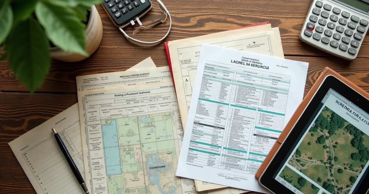 Documentos de propriedade rural sobre mesa com mapa e calculadora 