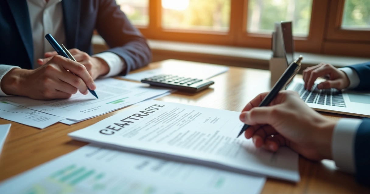 Mãos segurando documentos e contrato de compra de imóvel sobre mesa com calculadora e laptop 