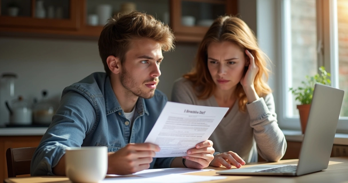 Filho universitário mostrando documentos de matrícula sentado à mesa