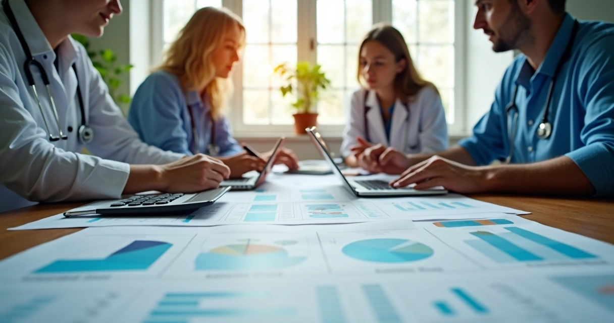 Mesa com papéis financeiros, gráficos e calculadora em clínica 