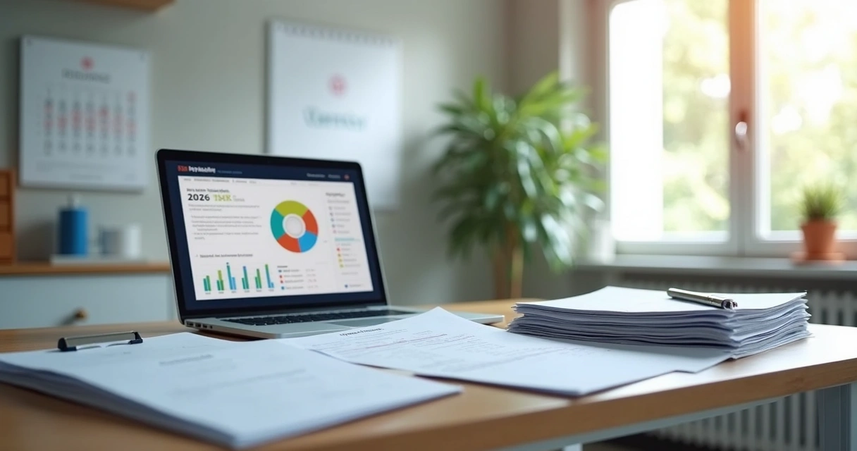 Pilha de documentos organizados em mesa de consultório 