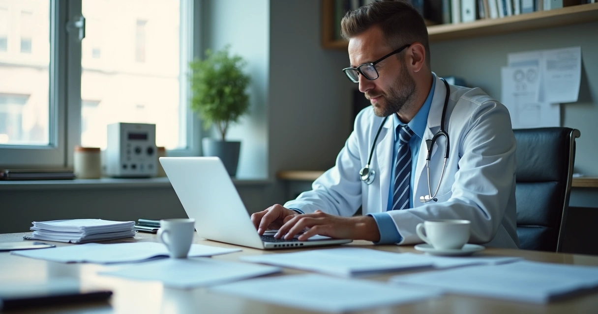 Médico analisando documentos financeiros em consultório moderno 