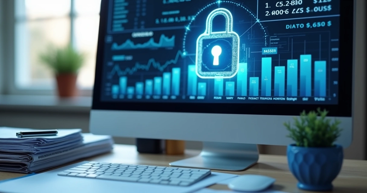 Documentos financeiros com cadeado digital mostrando segurança de dados 