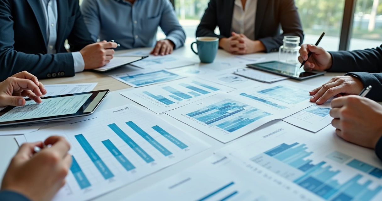 Equipe analisando documentos financeiros e gráficos