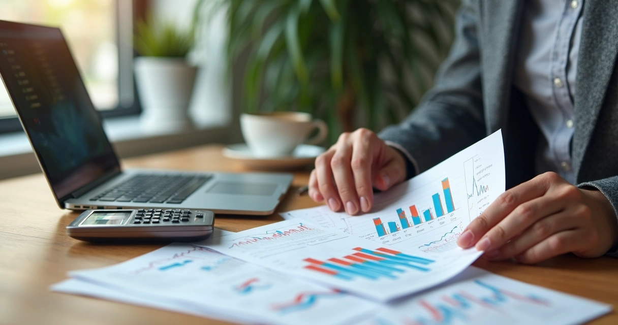 Mãos manuseando documentos financeiros e passaporte sobre mesa com laptop aberto mostrando gráficos financeiros 