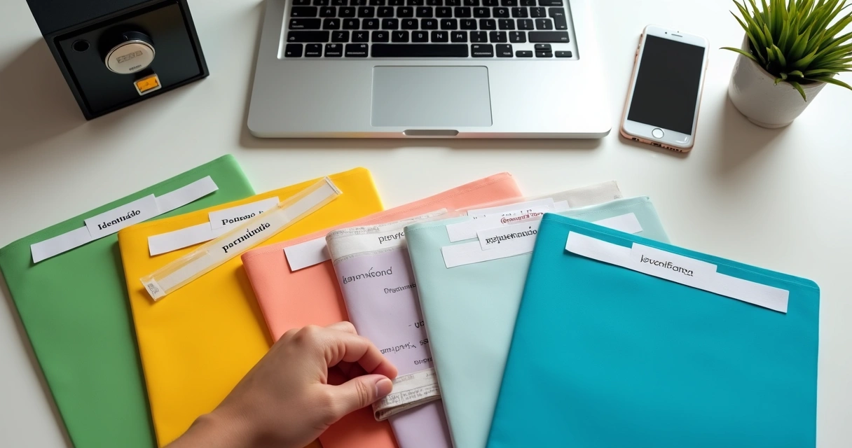 Documentos financeiros organizados em pastas coloridas sobre uma mesa branca 