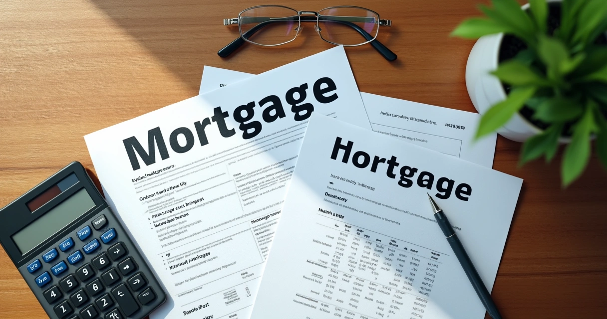 Papelada com documentos de financiamento de imóvel sobre uma mesa de madeira 