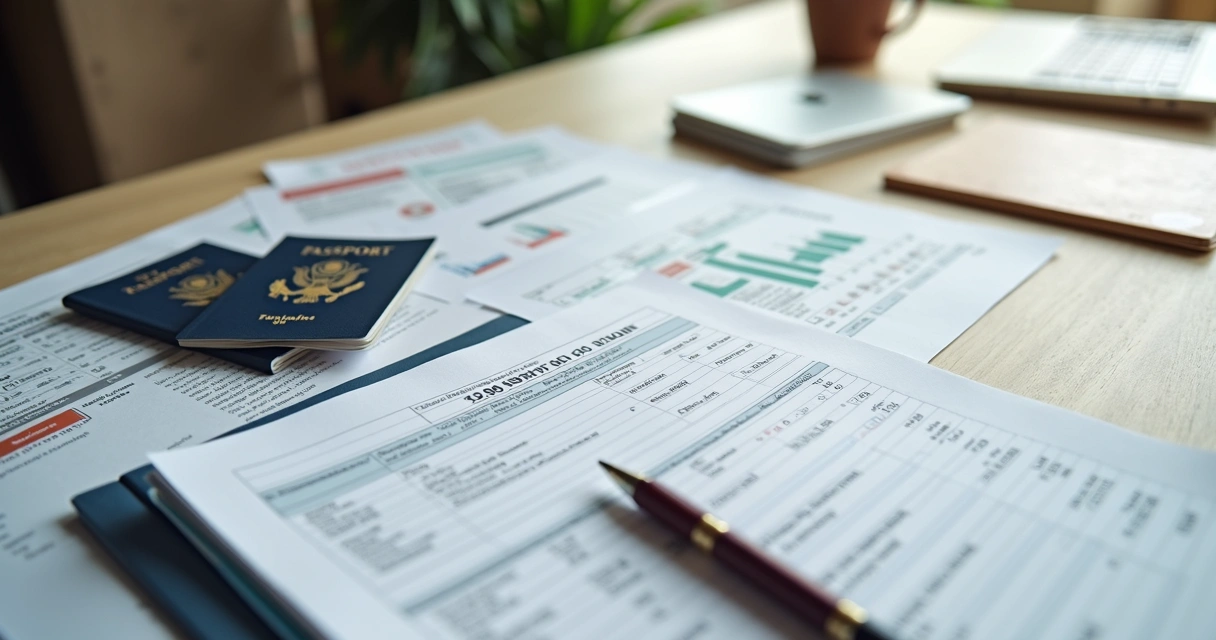 Documentos financeiros, extratos e passaporte organizados em mesa clara 