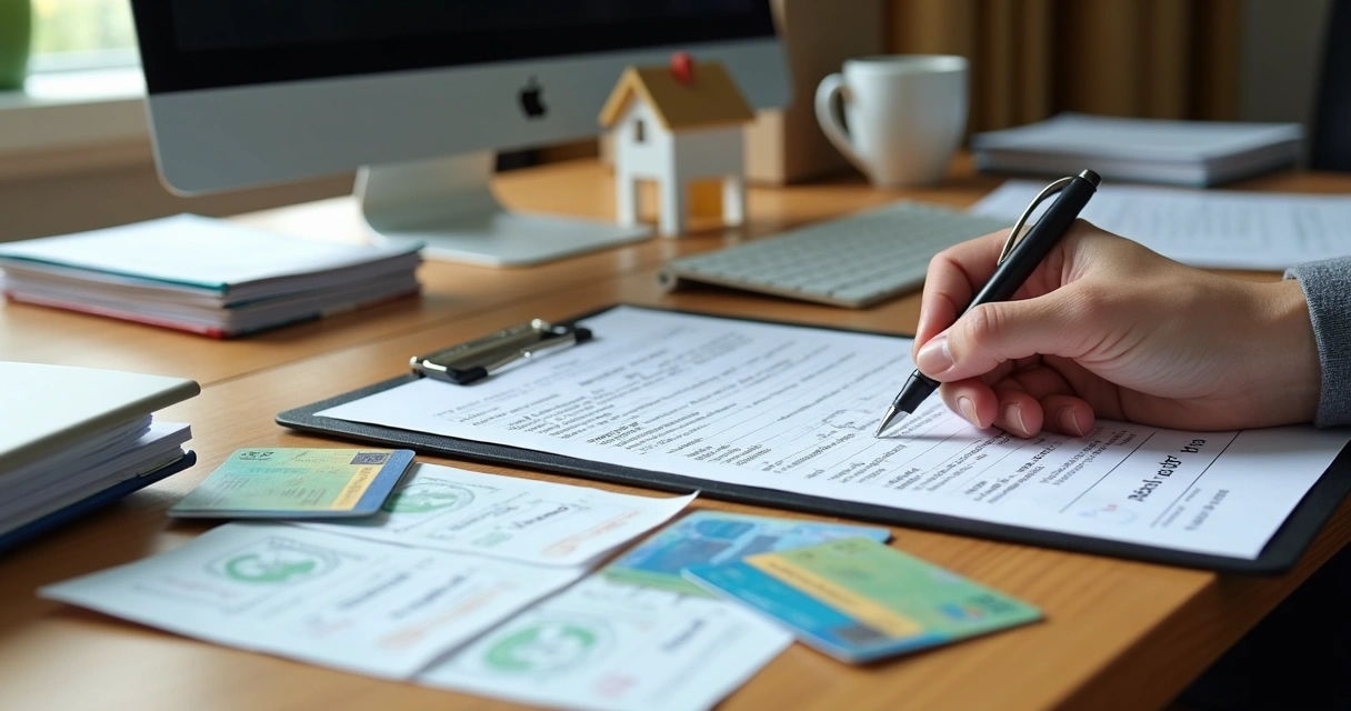 Documentos para solicitação de financiamento imobiliário em uma mesa de escritório 