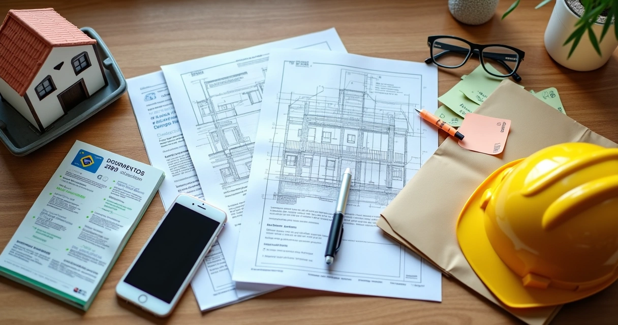 Mesa organizada com documentos de financiamento e construção reforçando planejamento para 2026 