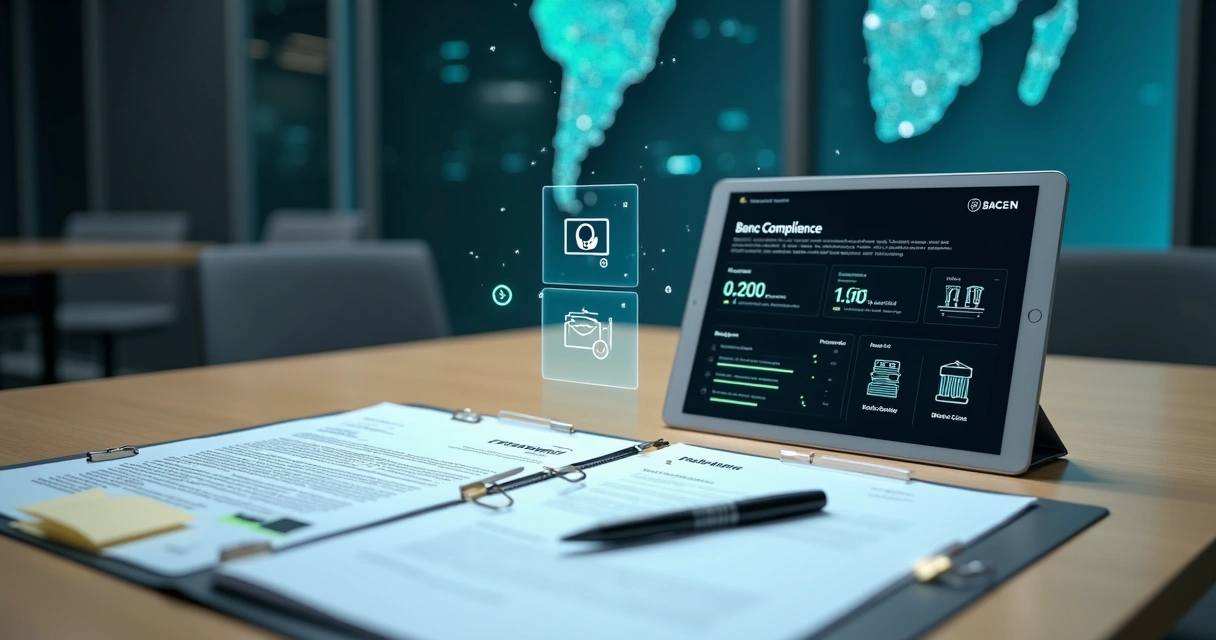 Mesa organizada com documentos jurídicos de fintech ao lado de tablet exibindo painel regulatório digital 