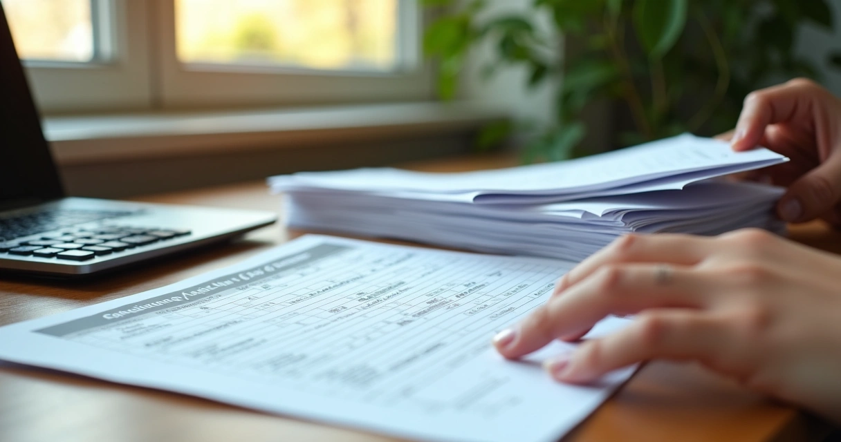 Pilha de documentos fiscais agrícolas sobre uma mesa de escritório